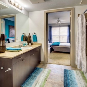 La Frontera 2 bedroom model second bathroom with deep soaking tub and single sink vanity