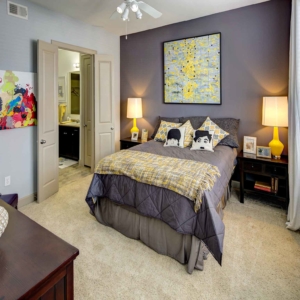 La Frontera 2 bedroom model bedroom, grey and yellow color scheme