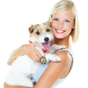 pretty woman smiling holding cute dog